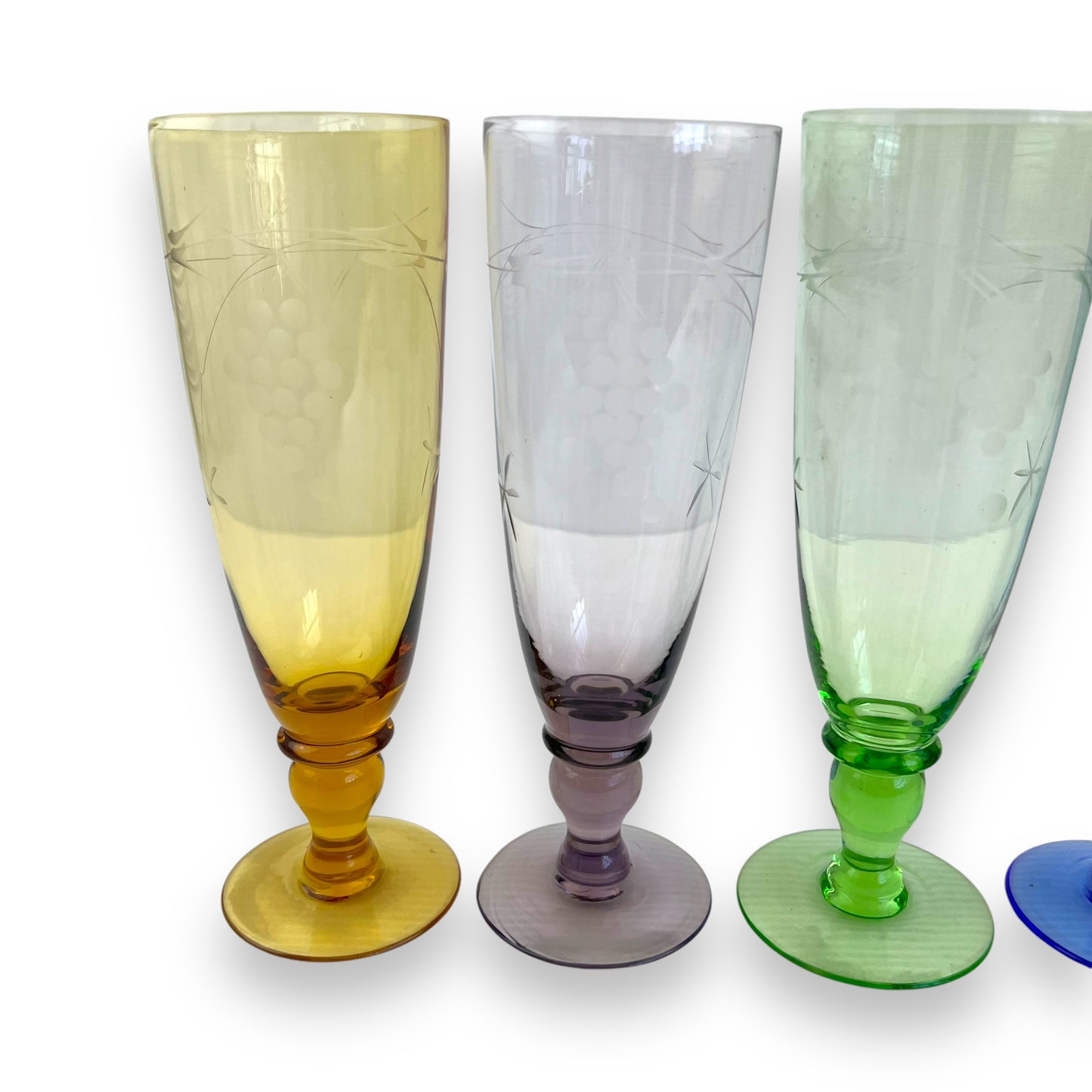 Set of 6 Vintage Etched Glasses – Multicoloured Grape Motif – Wine or Champagne