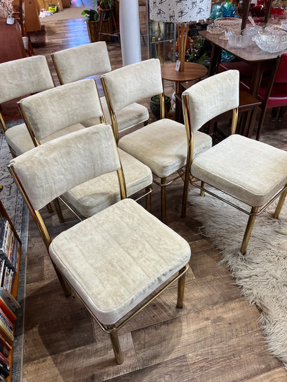 Brass & Smoked Glass Dining Table with 6 Chairs cream upholstery