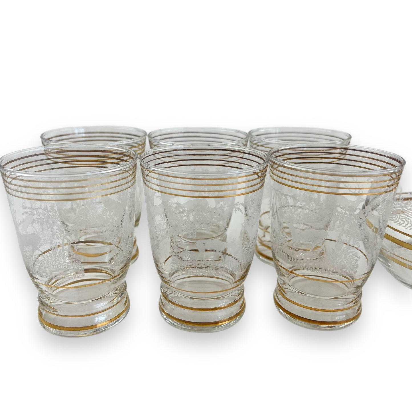 Glass Jug & 6 Cups with gold bands and etched deer/elk pattern
