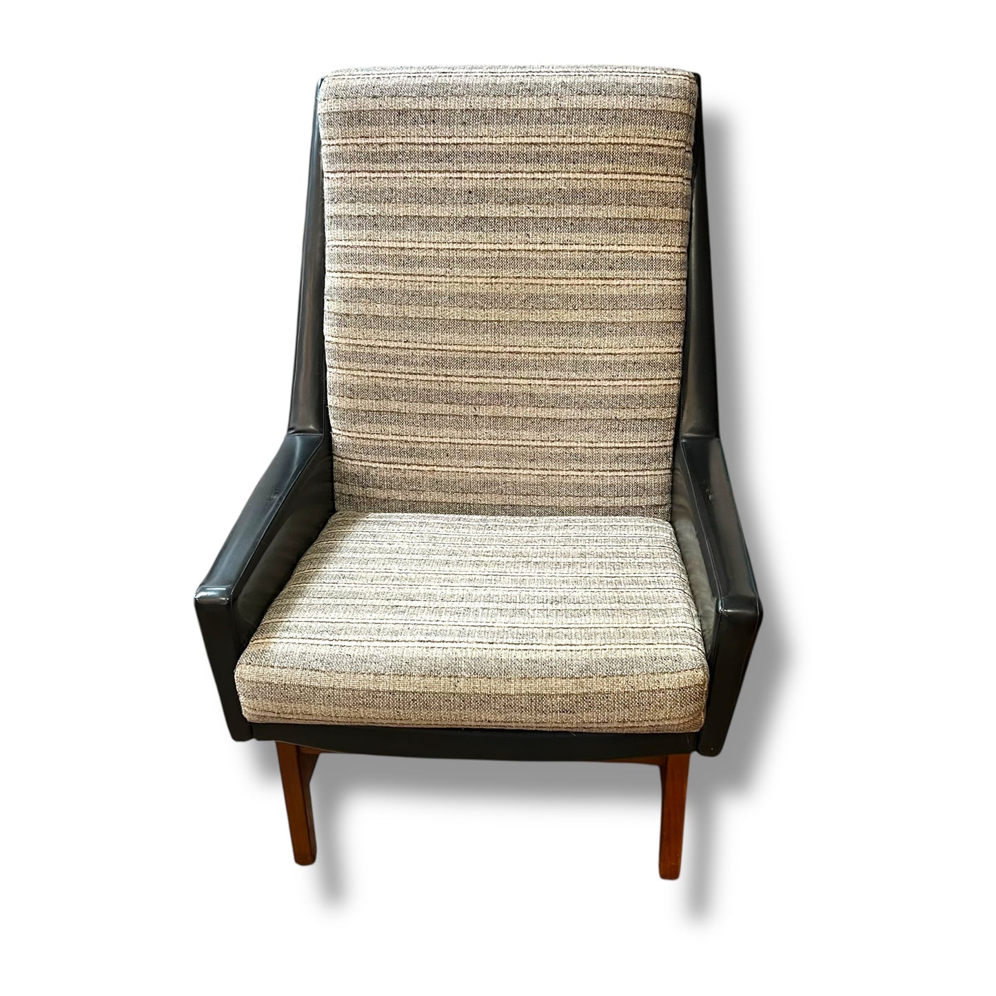 Fler ‘Flerclub’ High Back Armchair – Mid-Century Modern, Vinyl & Striped Fabric, Teak Base