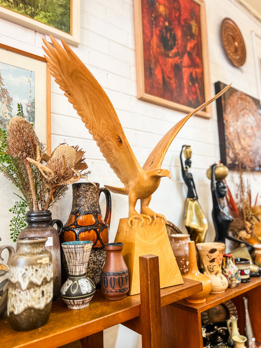 Hand-Carved Wooden Eagle Sculpture — Large Timber Carving