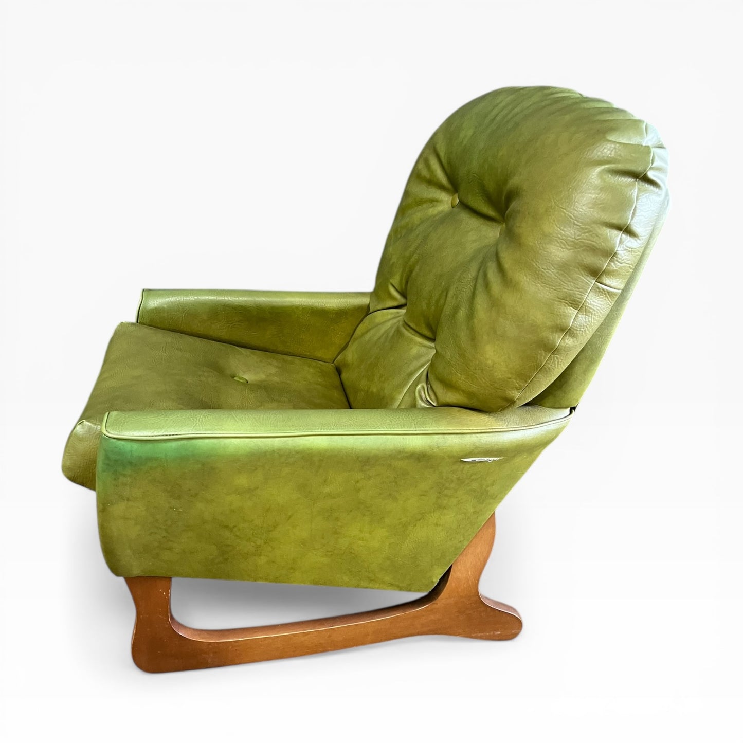 Olive Green Vinyl Lounge Armchair with Timber Sleigh Base
 (rip on side)