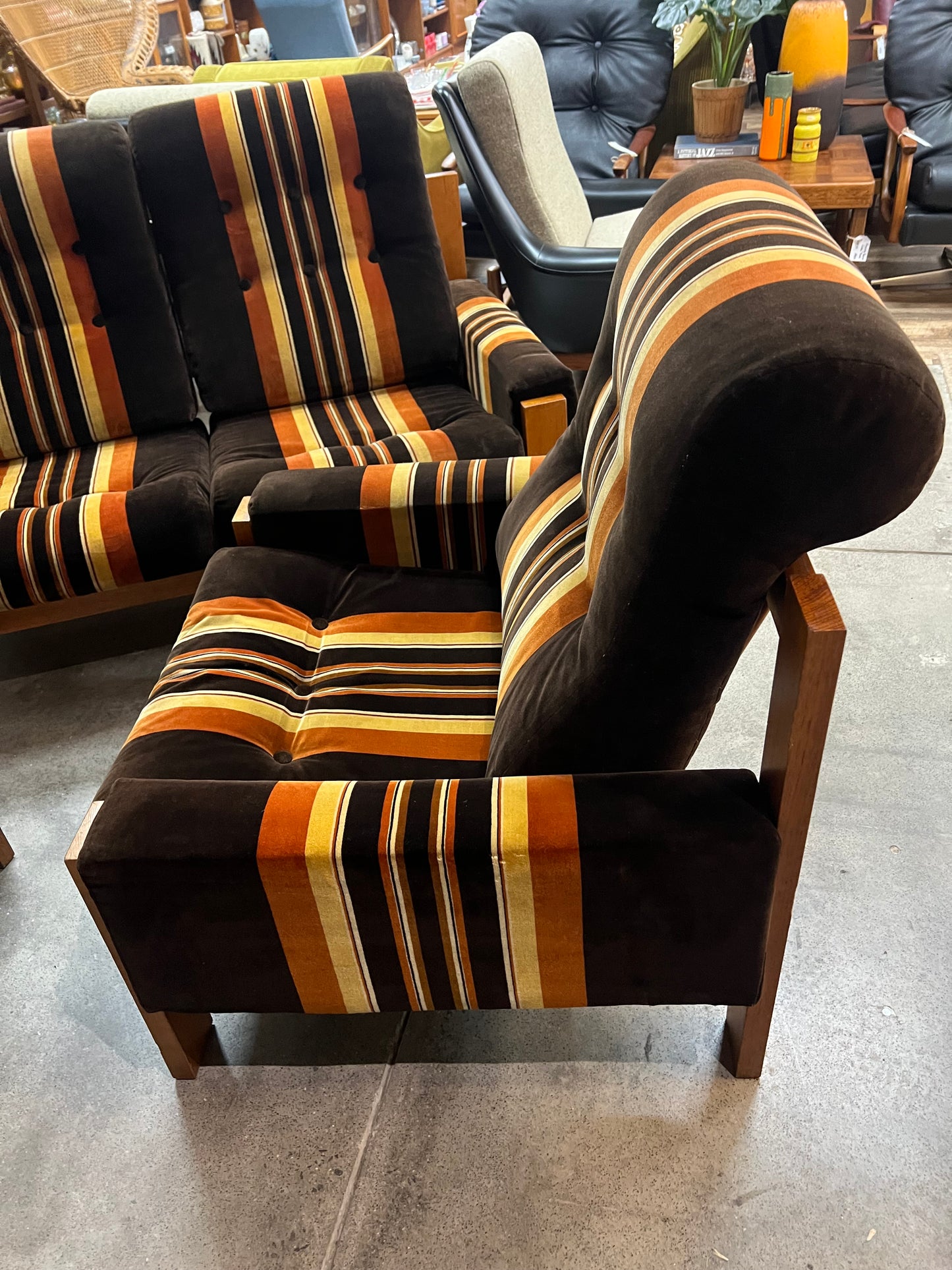 #1 Danish Deluxe Armchair – Original Brown, Orange & Gold Striped Upholstery