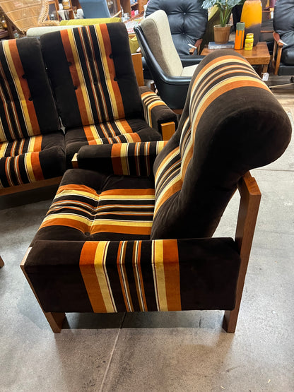#1 Danish Deluxe Armchair – Original Brown, Orange & Gold Striped Upholstery