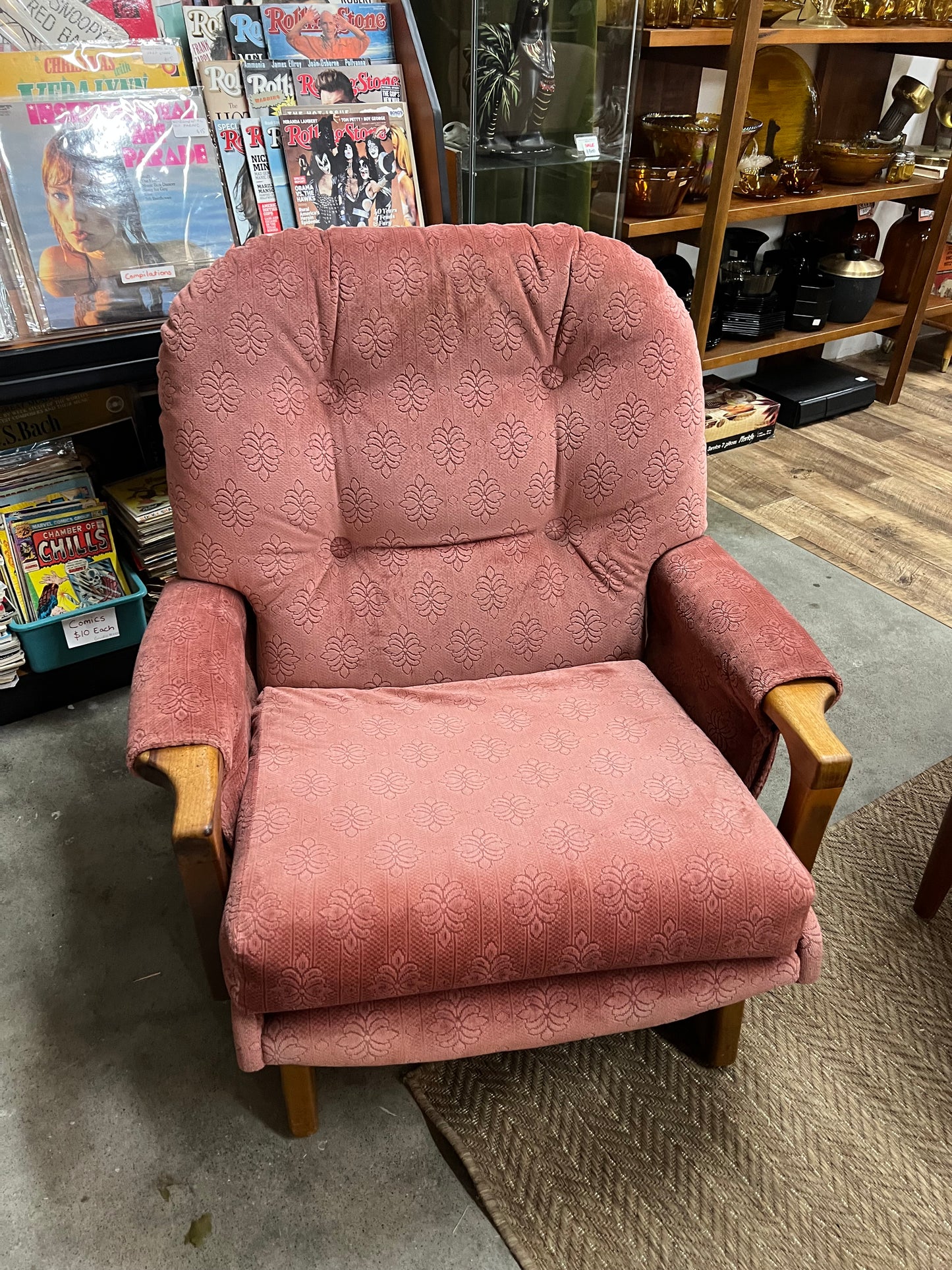 1. Pink Patterned Upholstery Sleigh Base Armchair