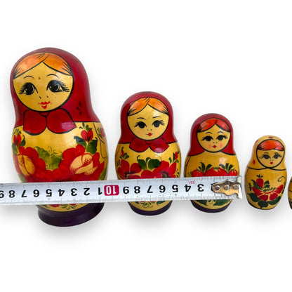 Russian Matryoshka Nesting Dolls Set of 7 - Red and Gold Floral Hand-Painted Design