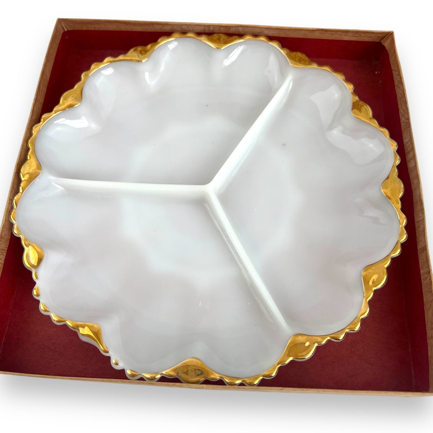 Anchor Hocking Milk Glass Divided Serving Dish with Gold Trim | Original Box