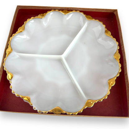 Anchor Hocking Milk Glass Divided Serving Dish with Gold Trim | Original Box