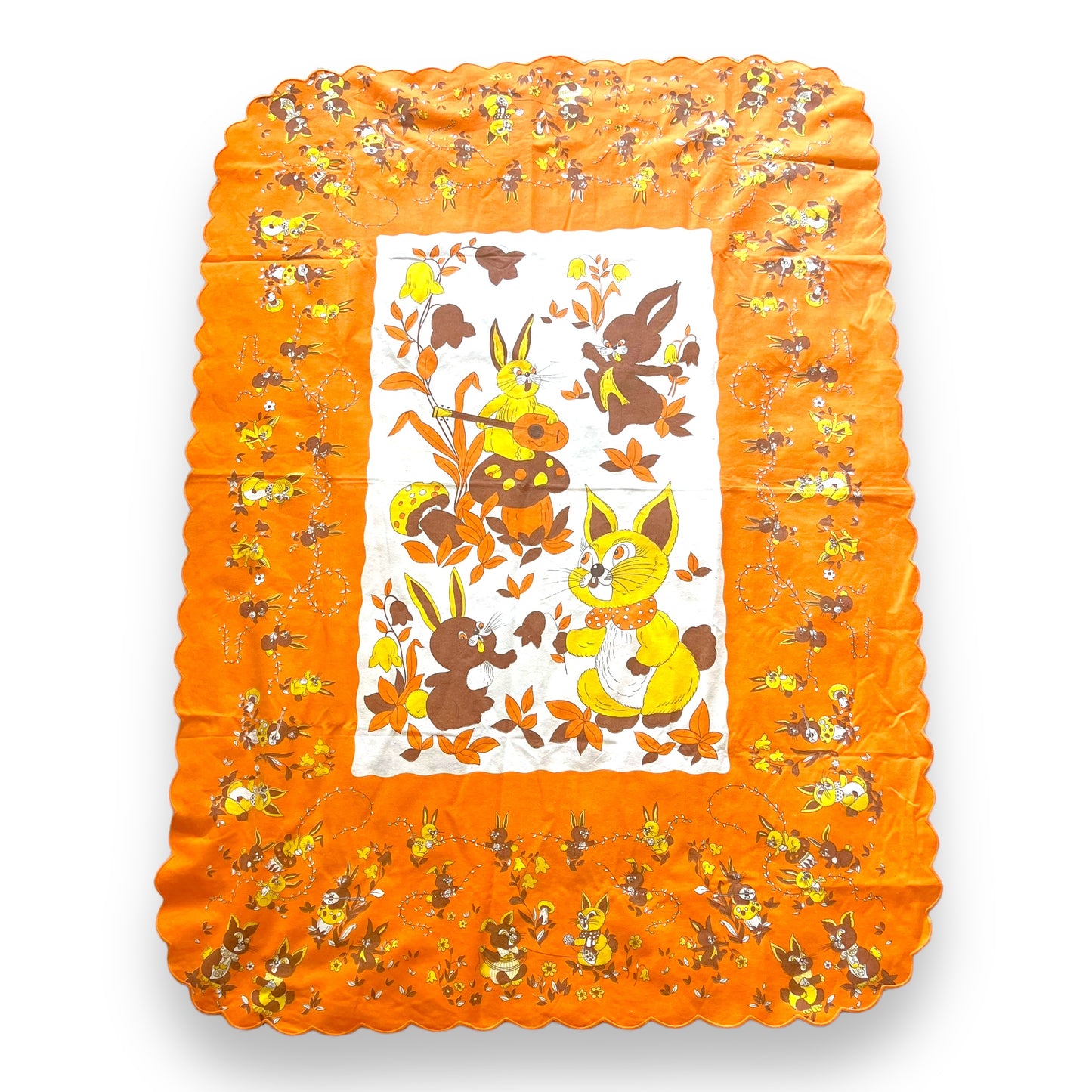 Retro Orange yellow and brown rabbit and mushroom tablecloth