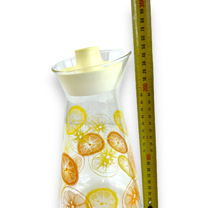 Pyrex Glass Carafe – USA Made, Citrus Slice Print, Mid-Century Pitcher with Lid