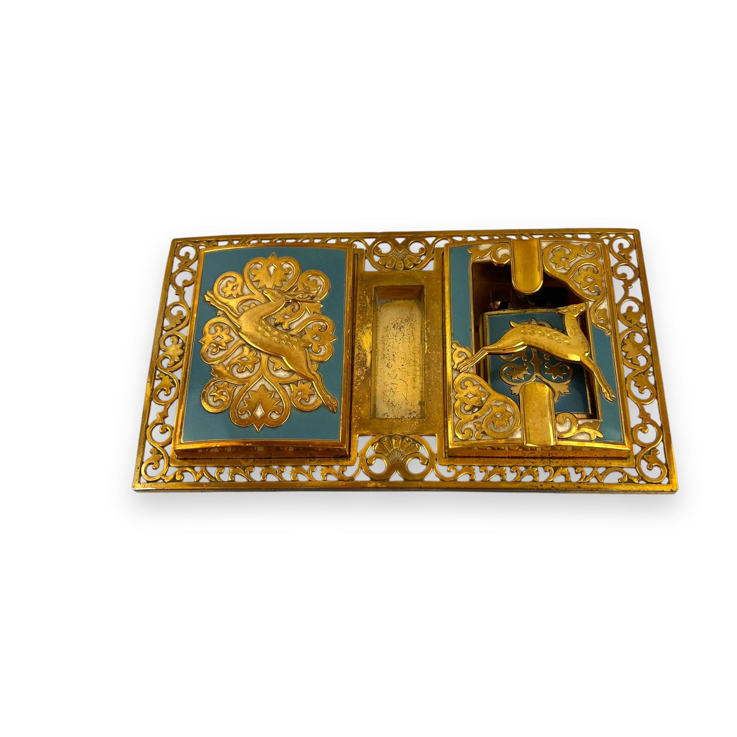 Brass Ornate Cigarette Holder, Lighter, and Ashtray with Leaping Deer Design – Elegant Mid-Century Smoking Set