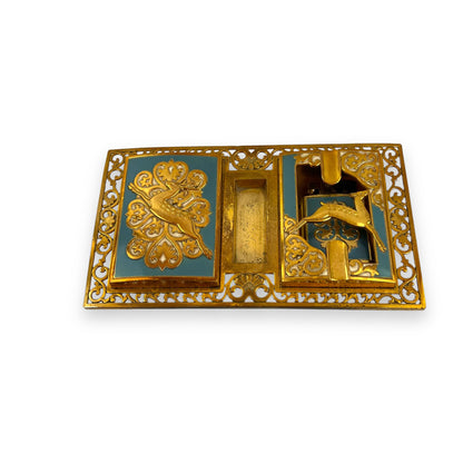 Brass Ornate Cigarette Holder, Lighter, and Ashtray with Leaping Deer Design – Elegant Mid-Century Smoking Set