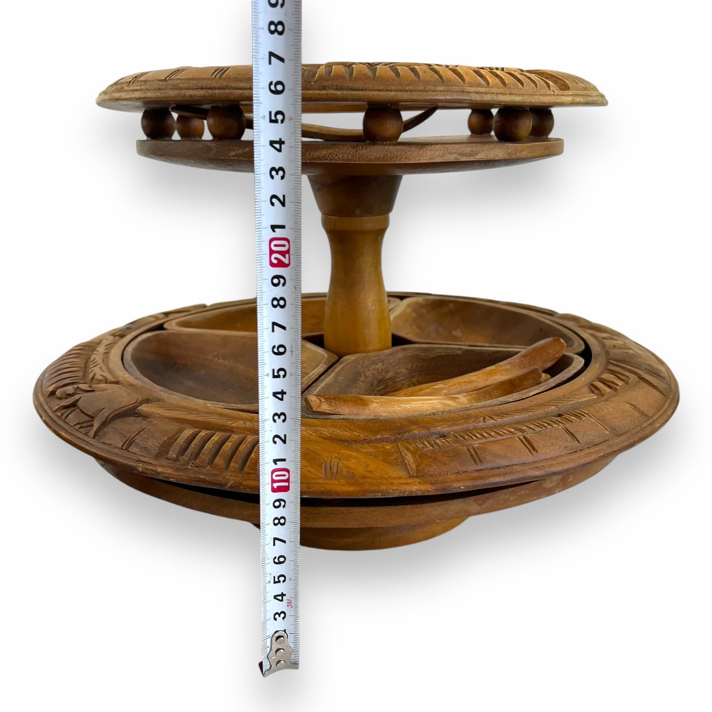 Wooden Tiki Monkey Pod Two Tier Lazy Susan Server