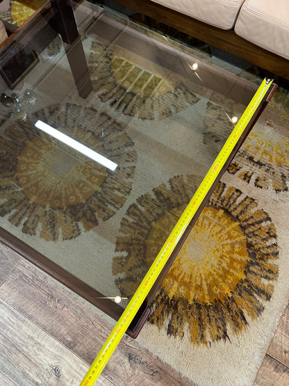Mid-Century Modern Square Smoked Glass Coffee Table with Rich Reddish-Brown Timber Frame