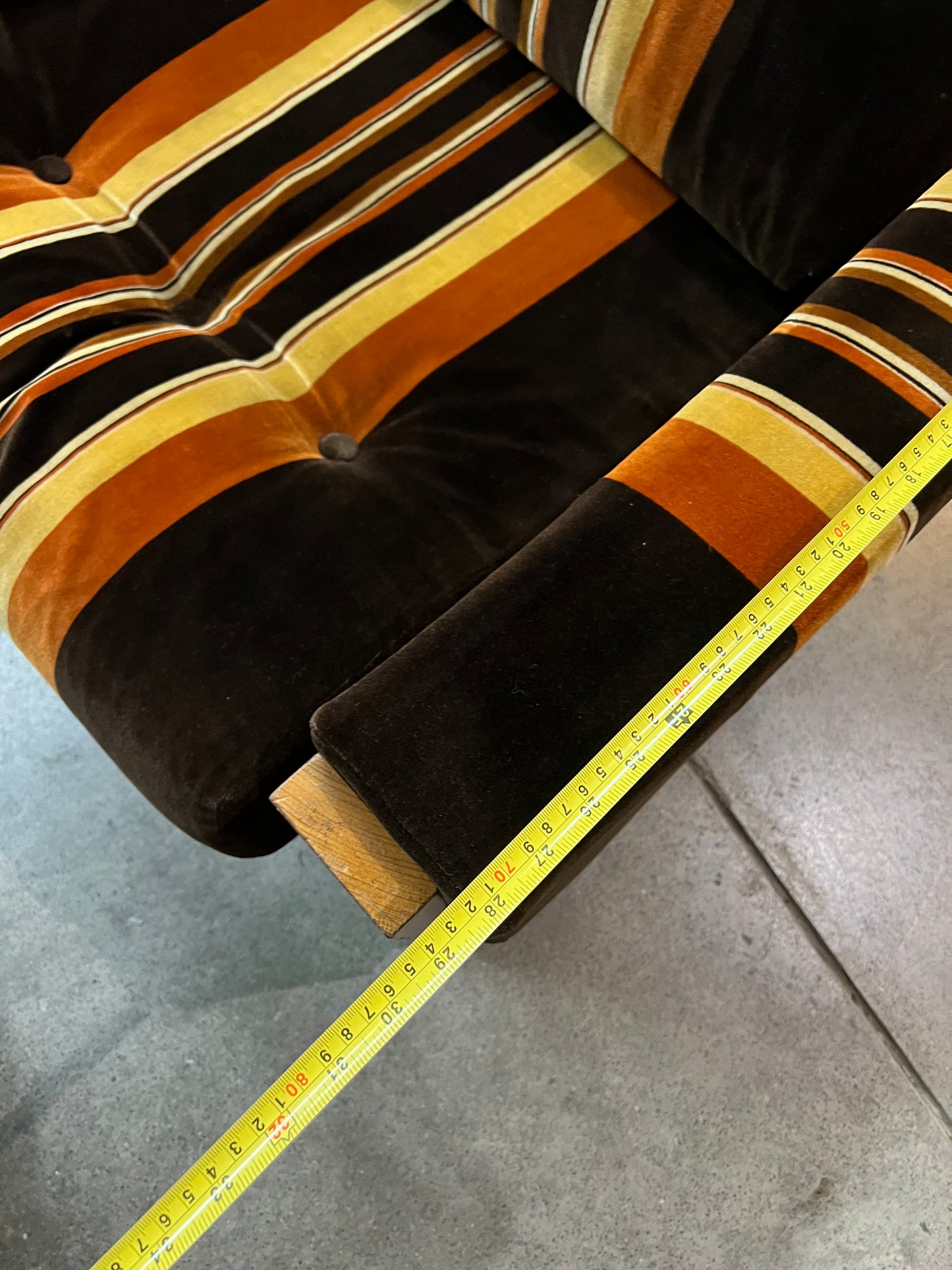 #1 Danish Deluxe Armchair – Original Brown, Orange & Gold Striped Upholstery