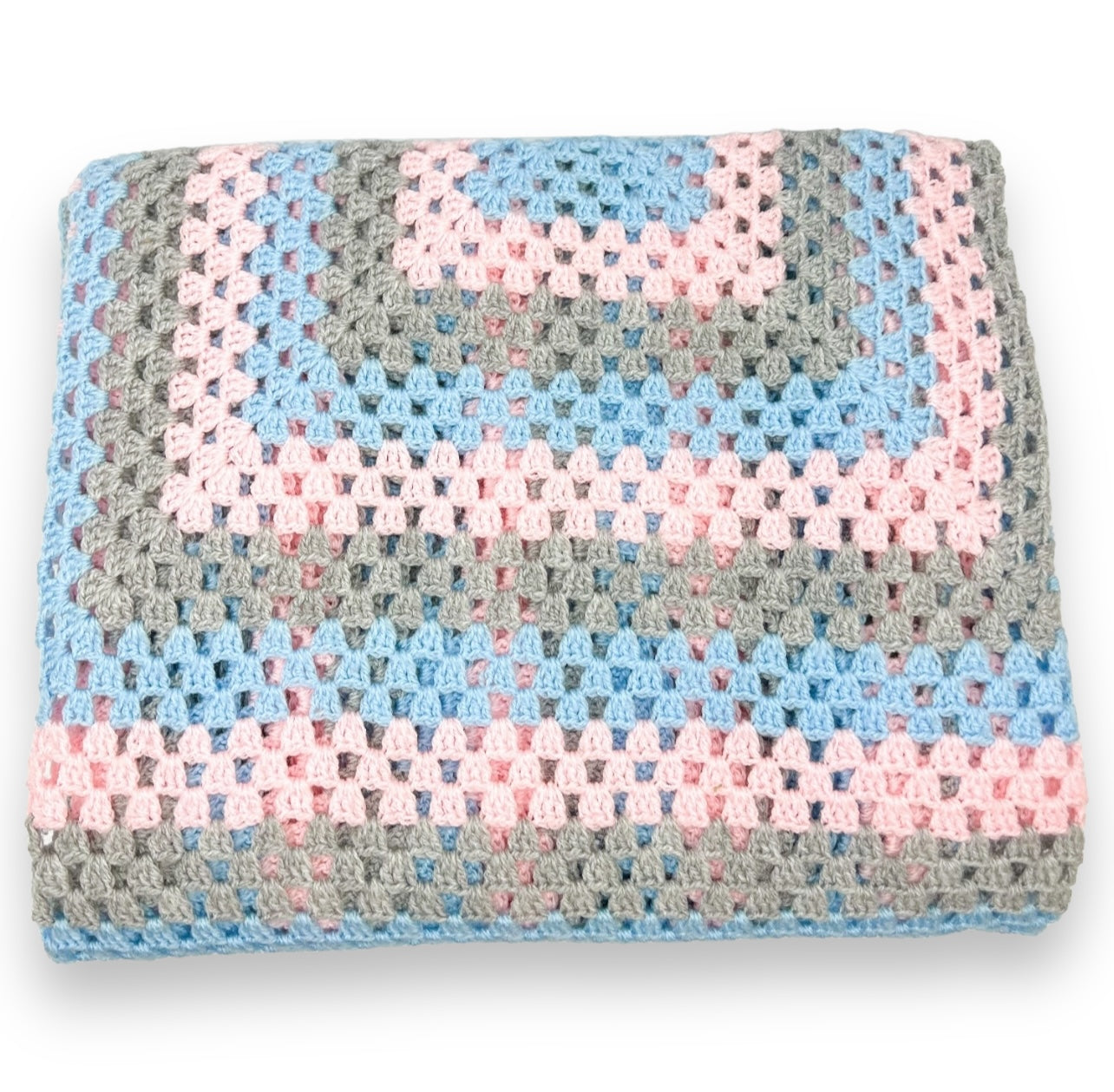 Pink, Blue & Grey Crochet Knit Blanket