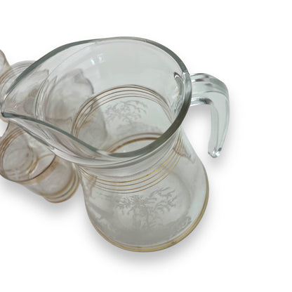 Glass Jug & 6 Cups with gold bands and etched deer/elk pattern