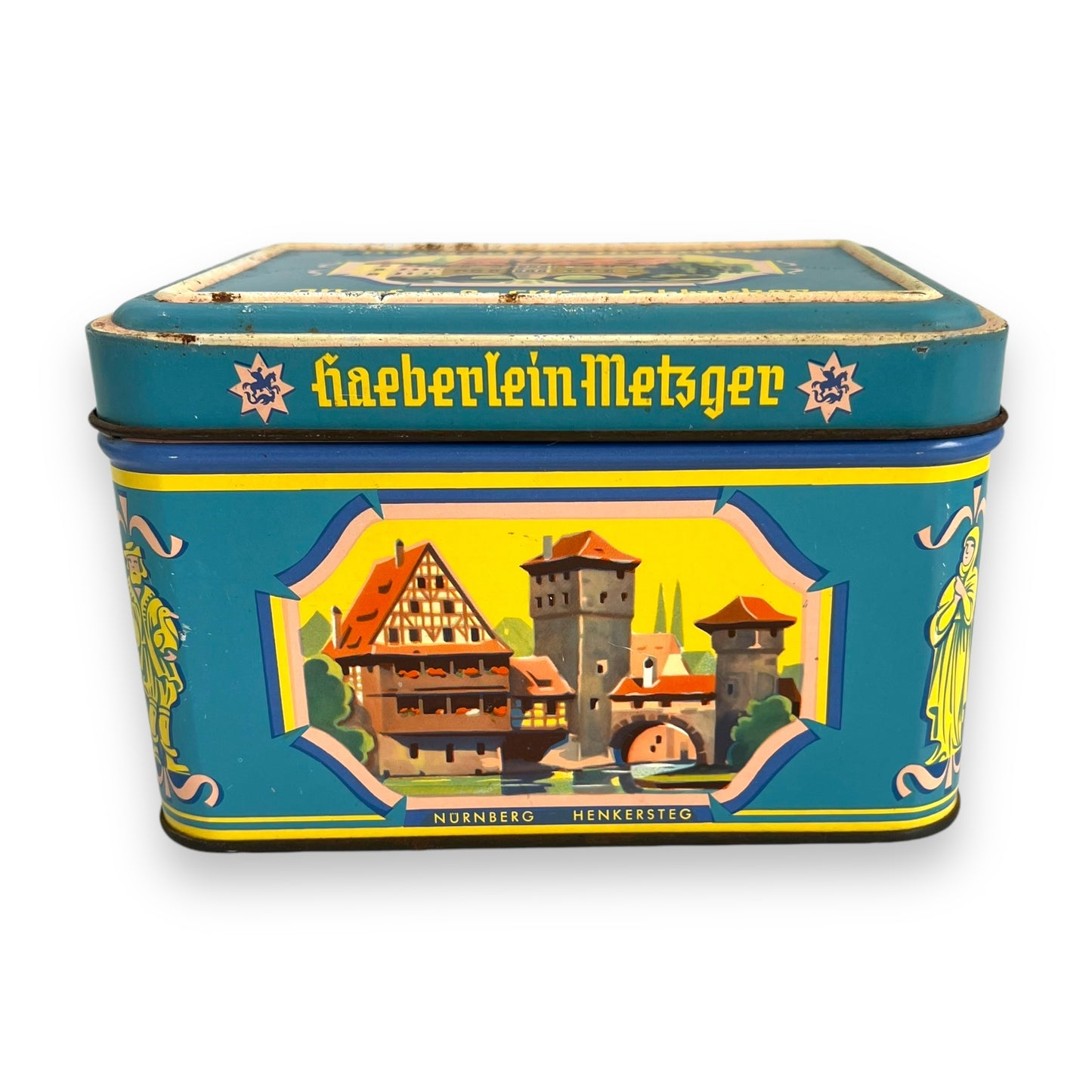 Vintage tin can Haeberlein Butcher Nuremberg gingerbread turquoise