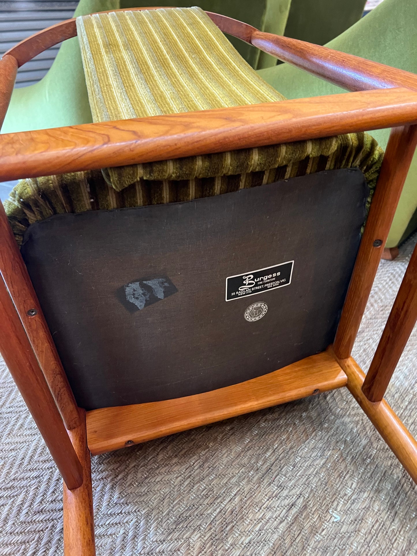 Set of 6 Vintage Burgess Dining Chairs | Mid Century Timber & Green Velvet