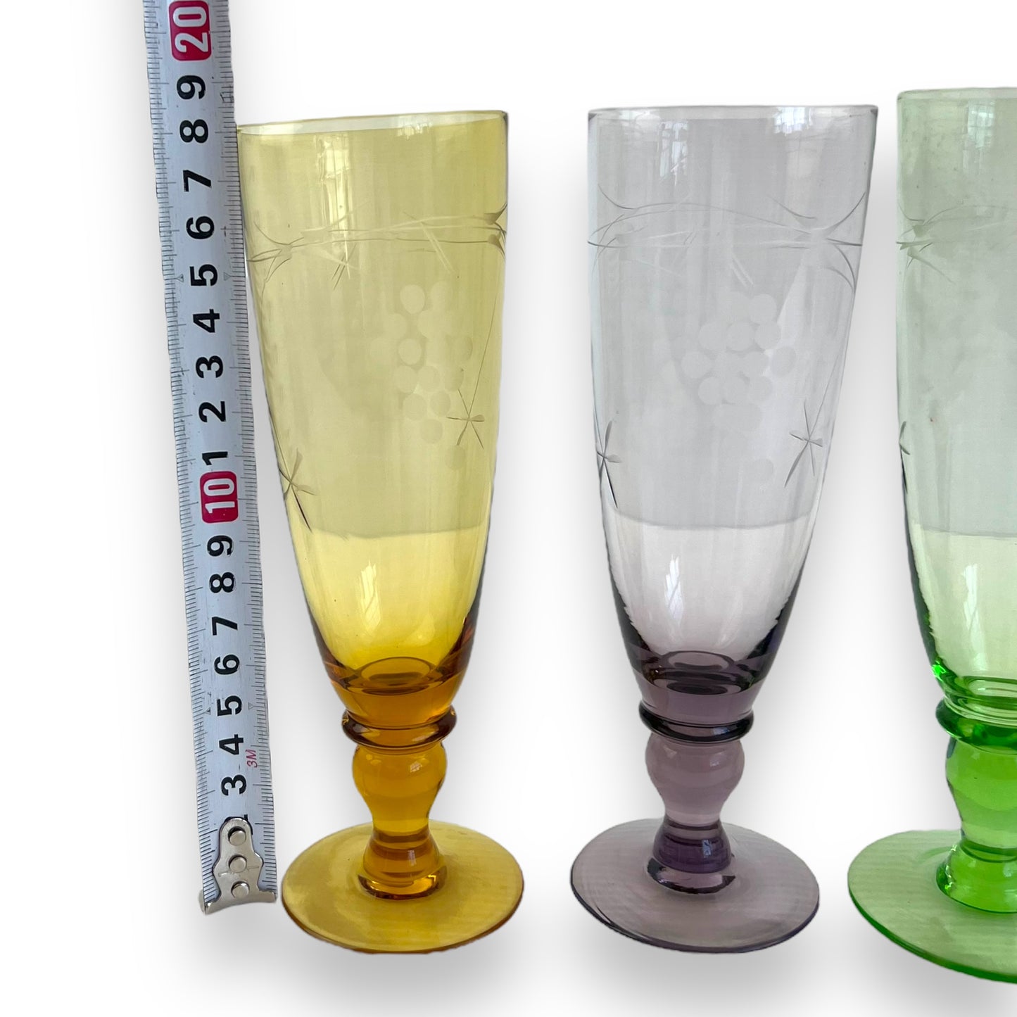 Set of 6 Vintage Etched Glasses – Multicoloured Grape Motif – Wine or Champagne