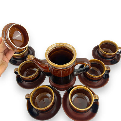 Brown Ceramic Tea Set: Teapot, 6 cups & 6 saucers