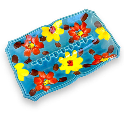 Hand-Painted Ceramic Butter Dish – Floral Motif in Blue, Yellow & Red