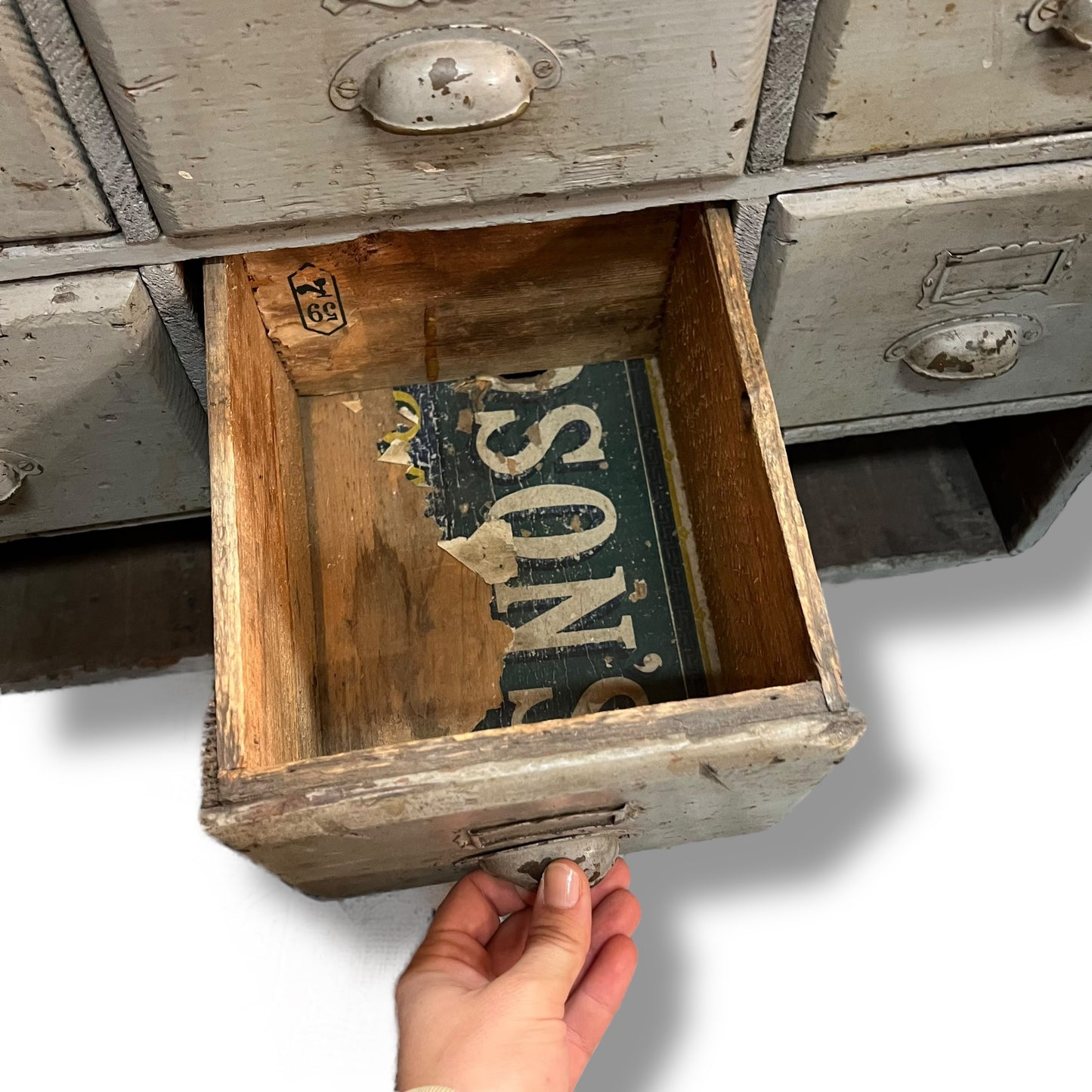 Vintage Industrial 8-Drawer Timber Storage Unit with Bottom Cubbies