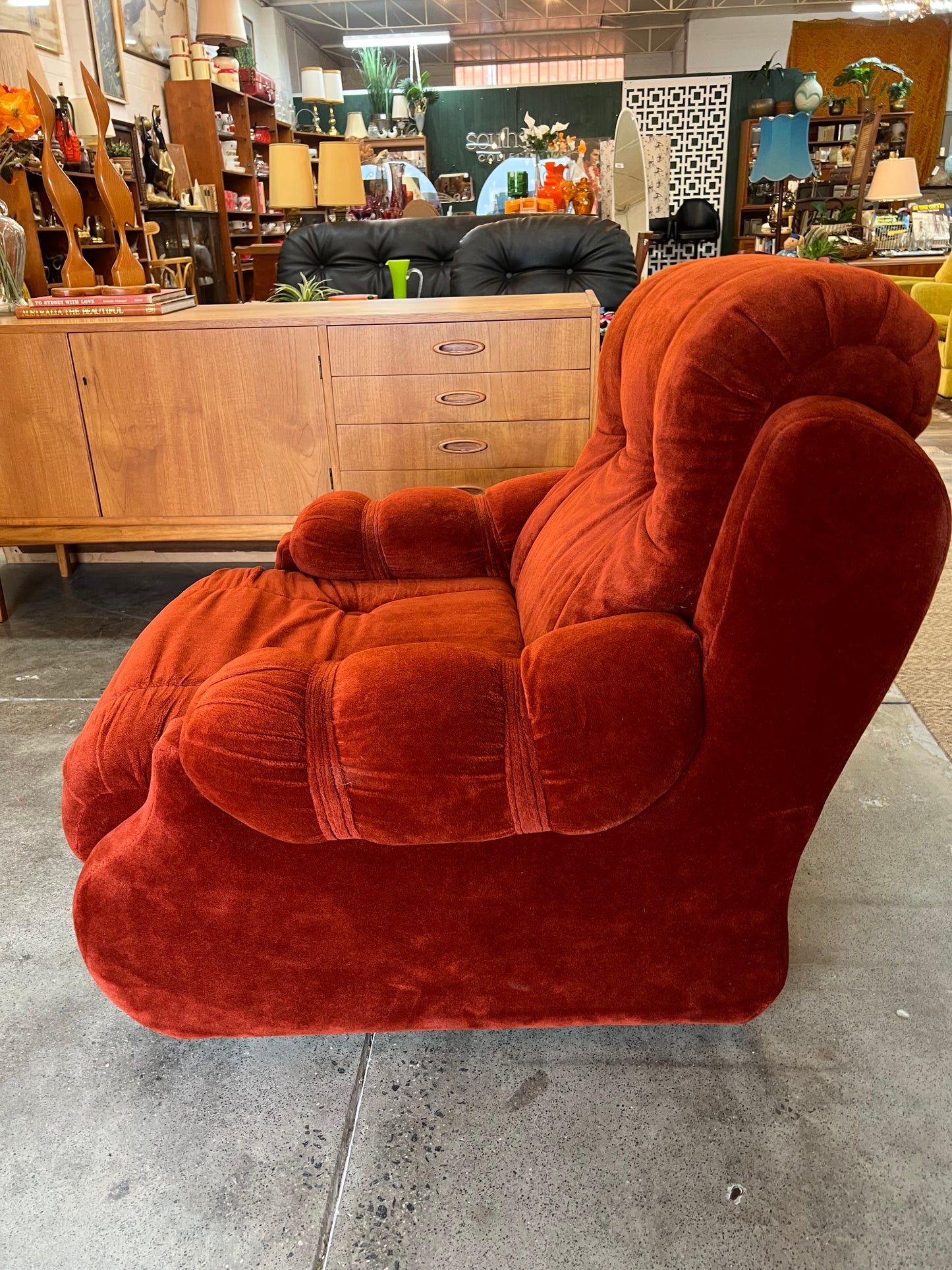 Rust Red Velvet Lounge Chair – Retro Plush Armchair, 1970s
