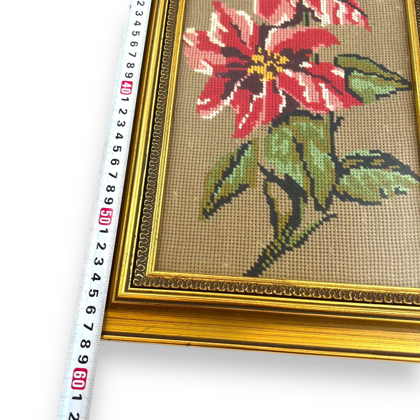 Vintage Needlepoint Art – Red Floral Design in Gold Frame