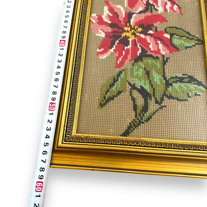 Vintage Needlepoint Art – Red Floral Design in Gold Frame