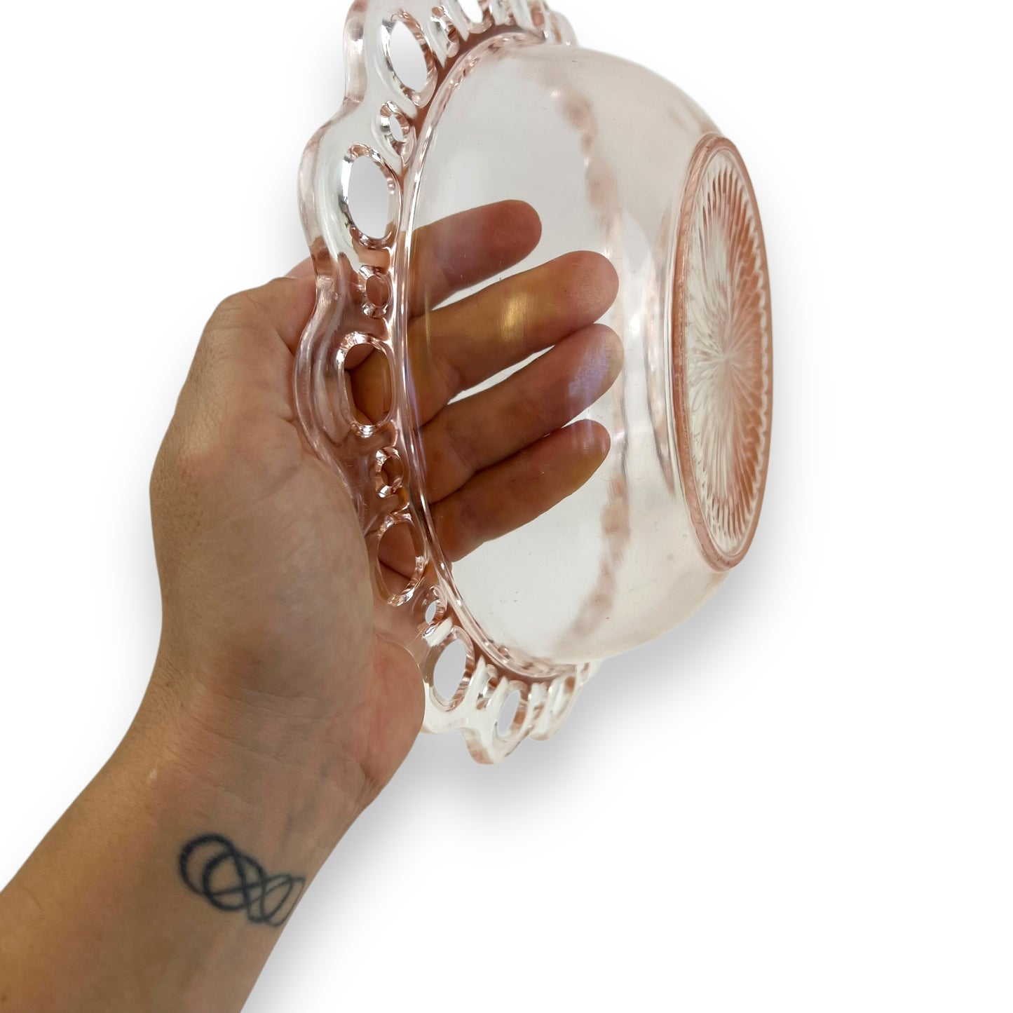 Pink Glass Bowl Lace Cutout Edge
