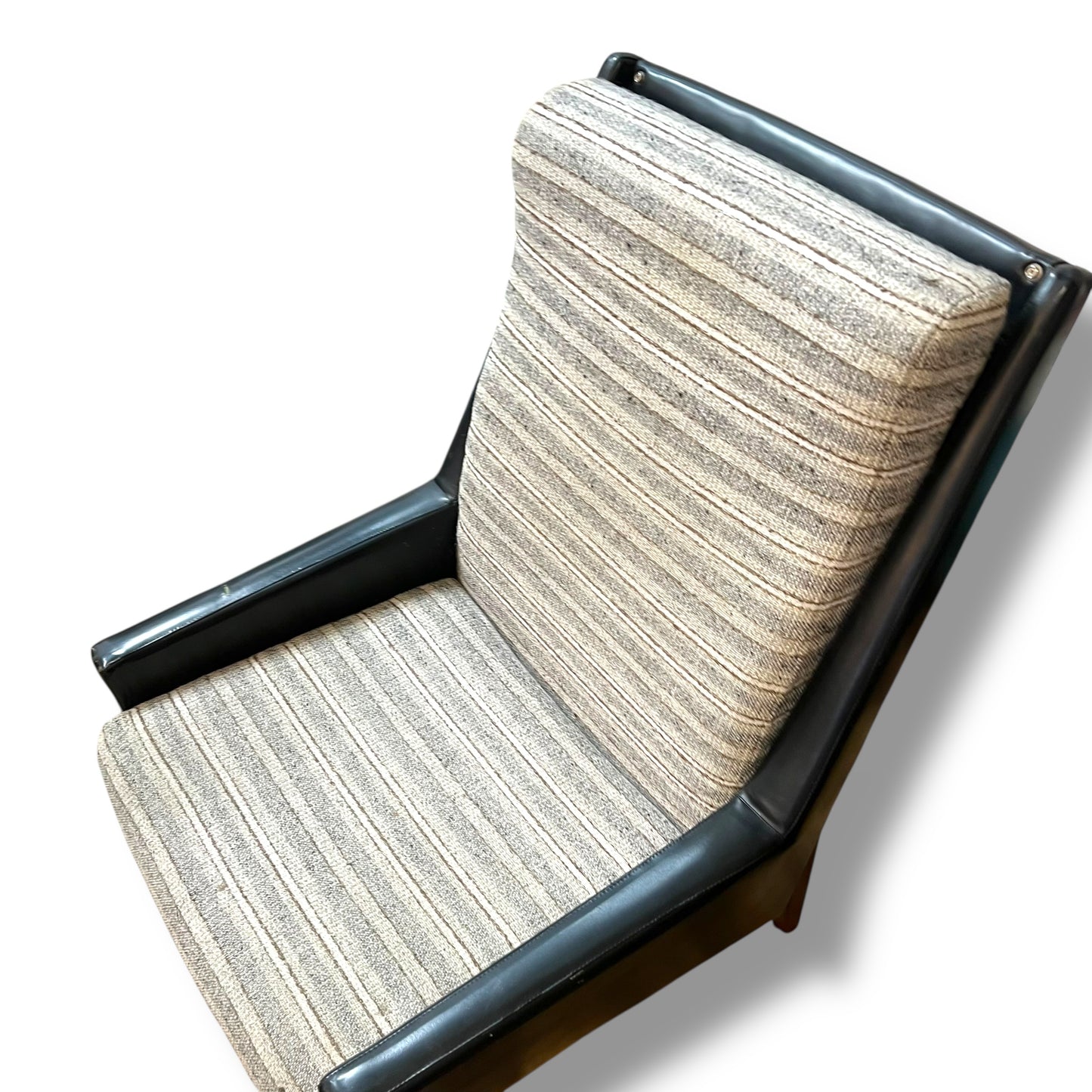 Fler ‘Flerclub’ High Back Armchair – Mid-Century Modern, Vinyl & Striped Fabric, Teak Base