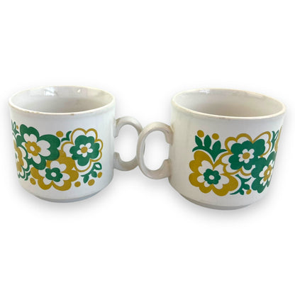 Staffordshire Potteries Mustard and Green Flower Teacup set of 2