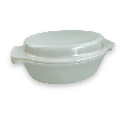 Anchor Hocking FireKing White Dish With Blue flower pattern and plain white lid - Made in USA