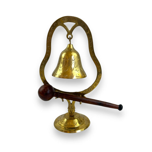 Vintage Brass Dinner Bell with Wooden Striker – Ornately Engraved Bell Table Decor