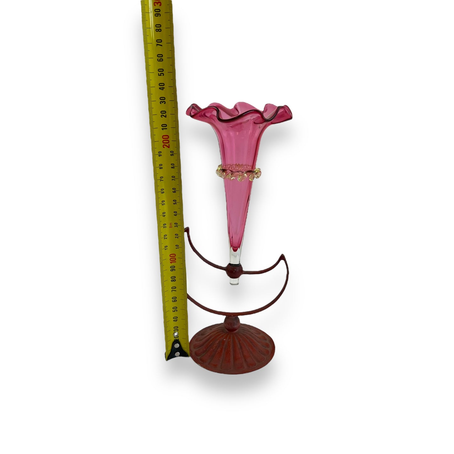 Victorian Cranberry Glass Jack-in-the-Pulpit Vase with Metal Moon Stand (1850-1899)