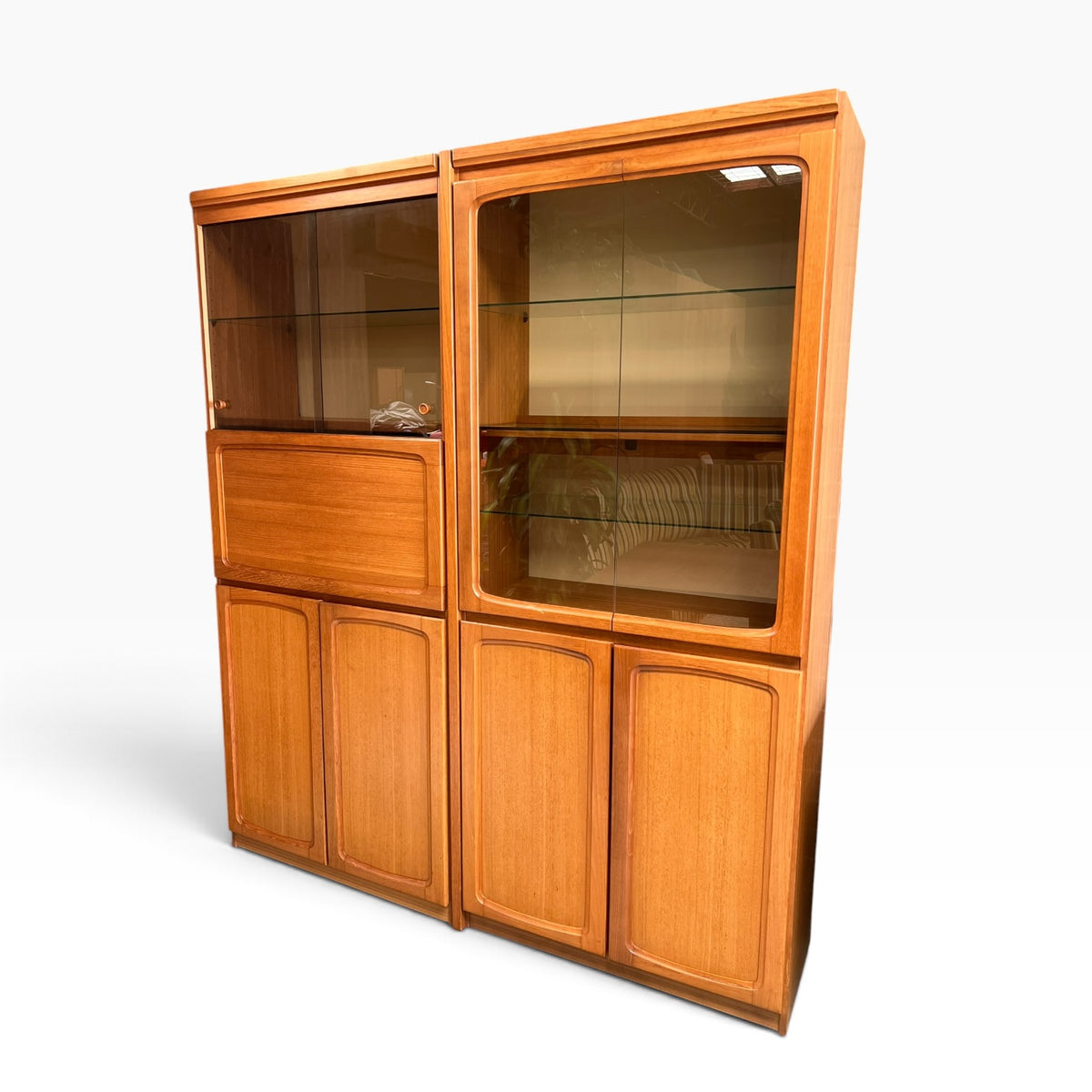 Pair of Vintage Chiswell Mid-Century Timber Display Cabinets with Cocktail Bar