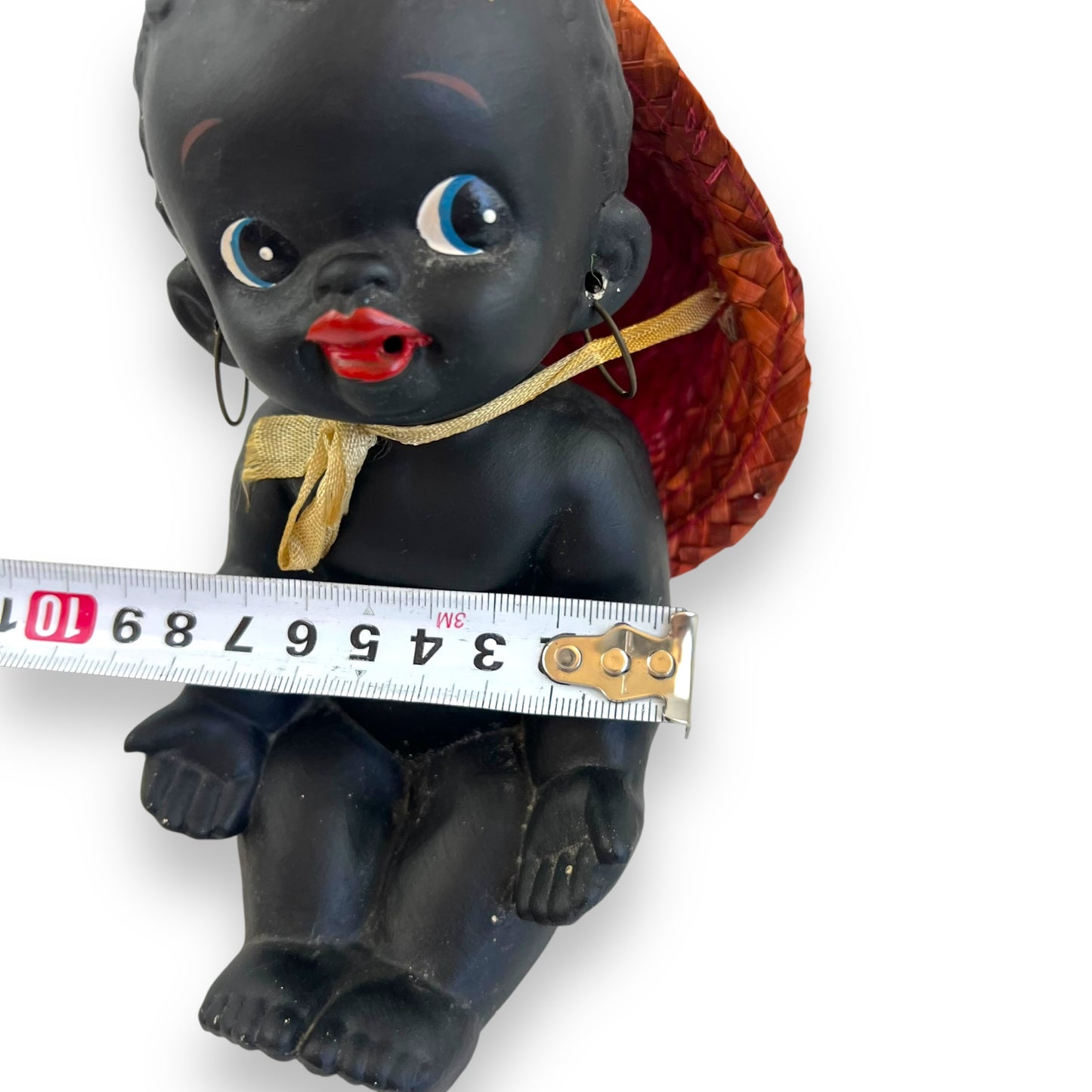 Black Ceramic Kewpie Doll with Straw Hat & Earrings - Made in Japan