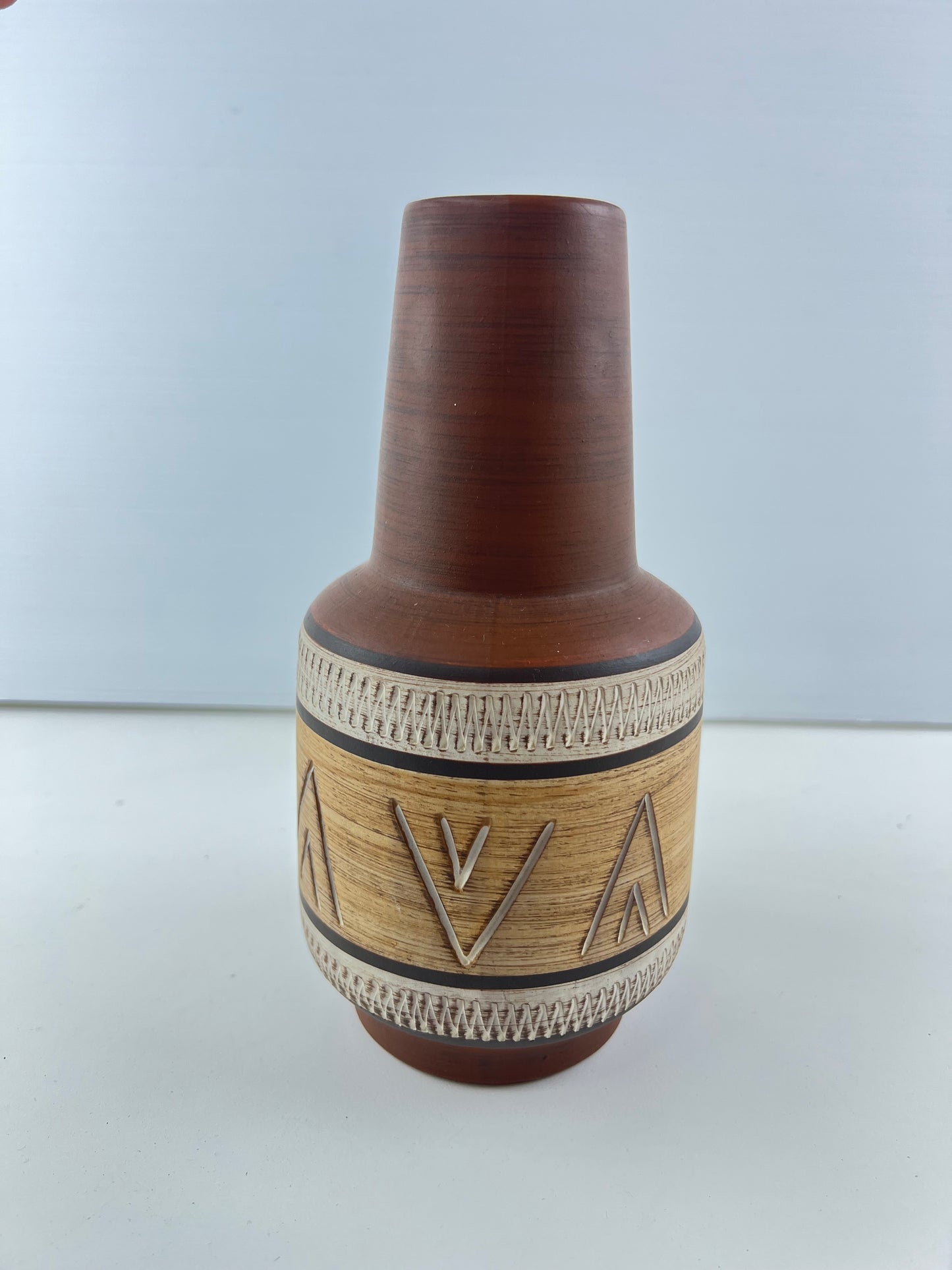 West German Pottery Vase – Brown Patterned with Handle 347/20