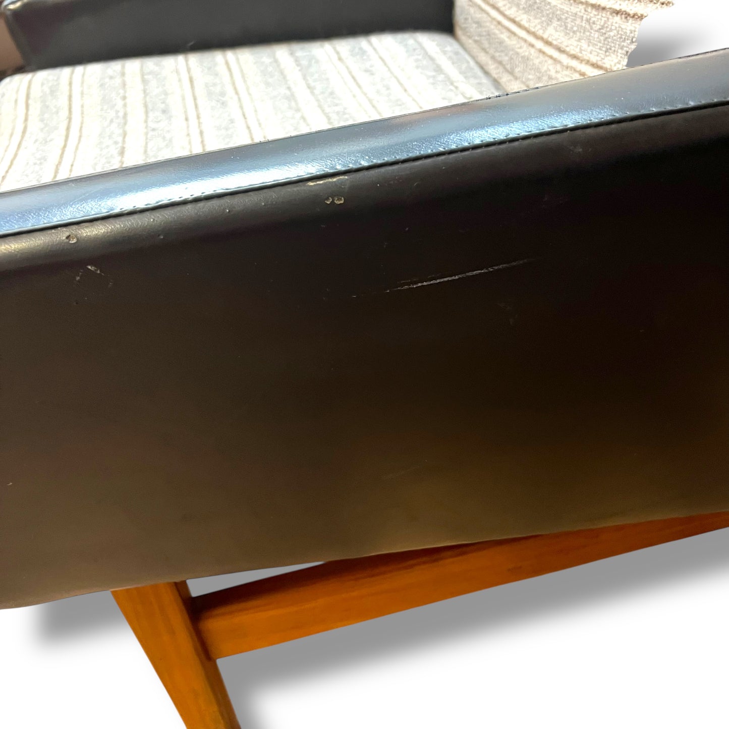 Fler ‘Flerclub’ High Back Armchair – Mid-Century Modern, Vinyl & Striped Fabric, Teak Base