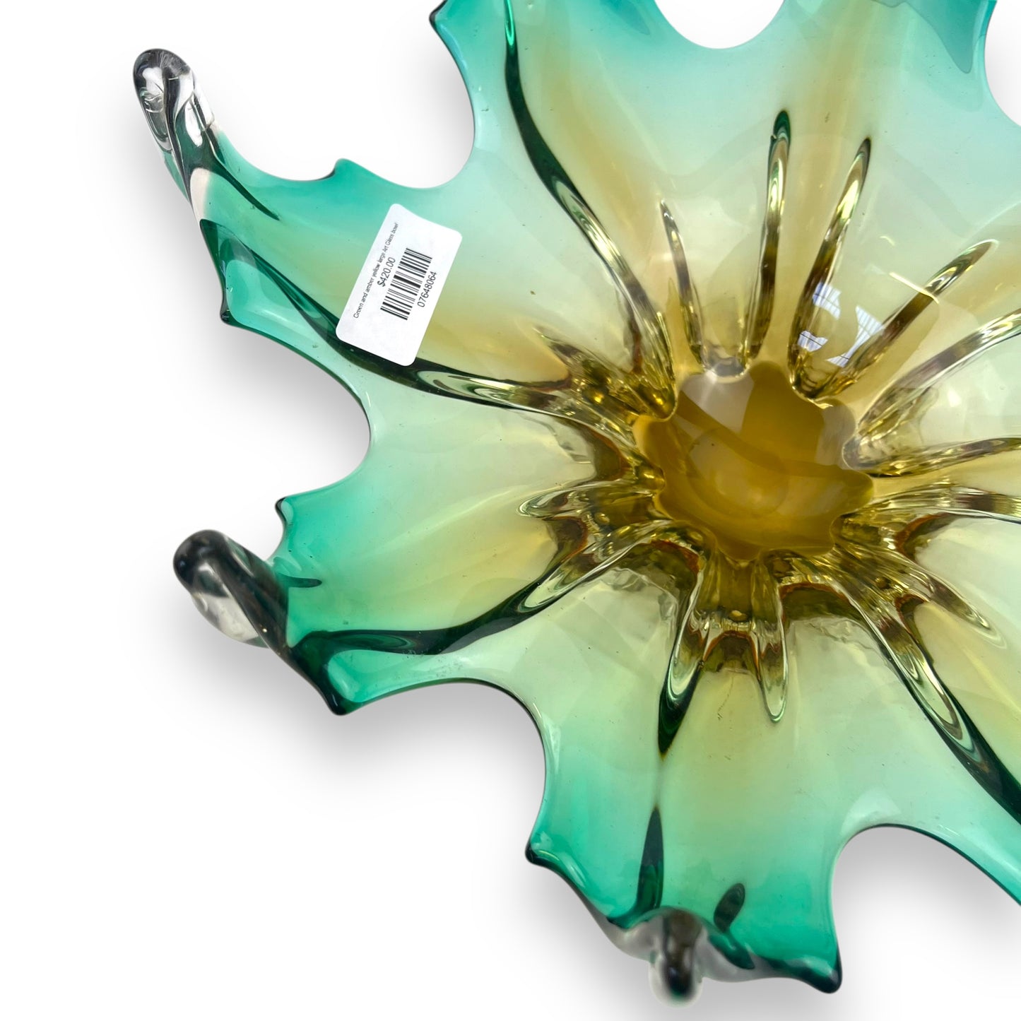 Green and amber yellow large Art Glass bowl