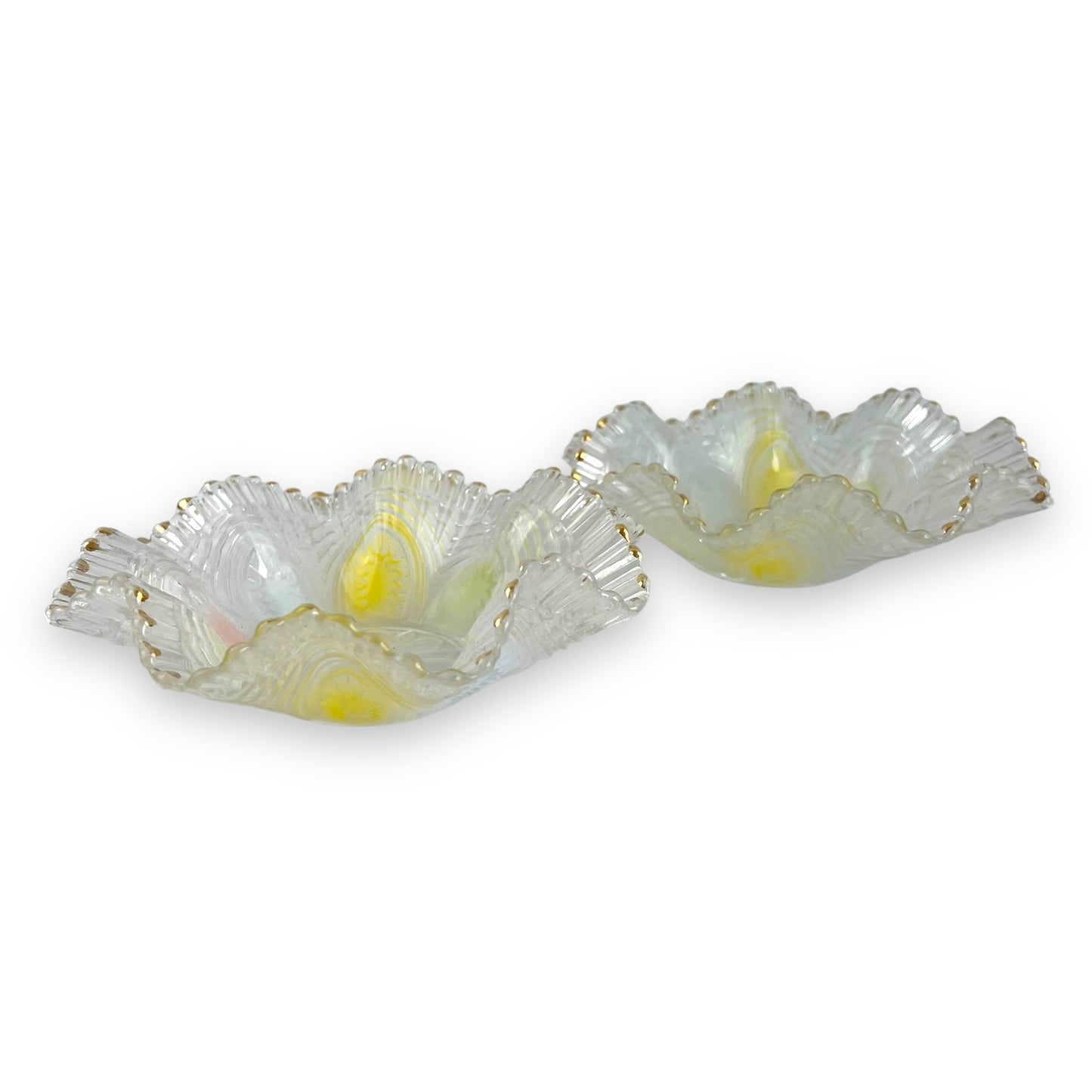 Pastel and gold rim, wavy top nibble dish set of 2 - Depression Glass
