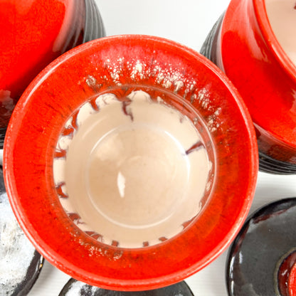 Mid Century Redish Orange & Black Glazed Kitchen Storage Jar Canisters with matching lids