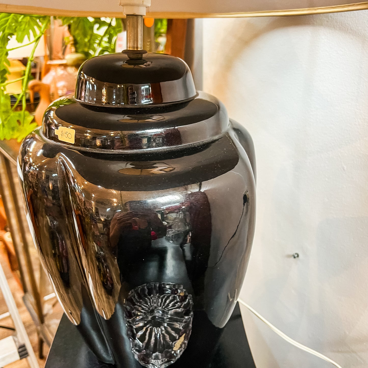 Black Glazed Ceramic Table Lamp with Grey Shade