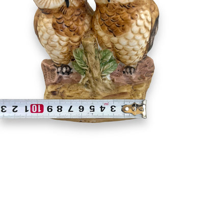 Flambro porcelain owls on a wooden log statue