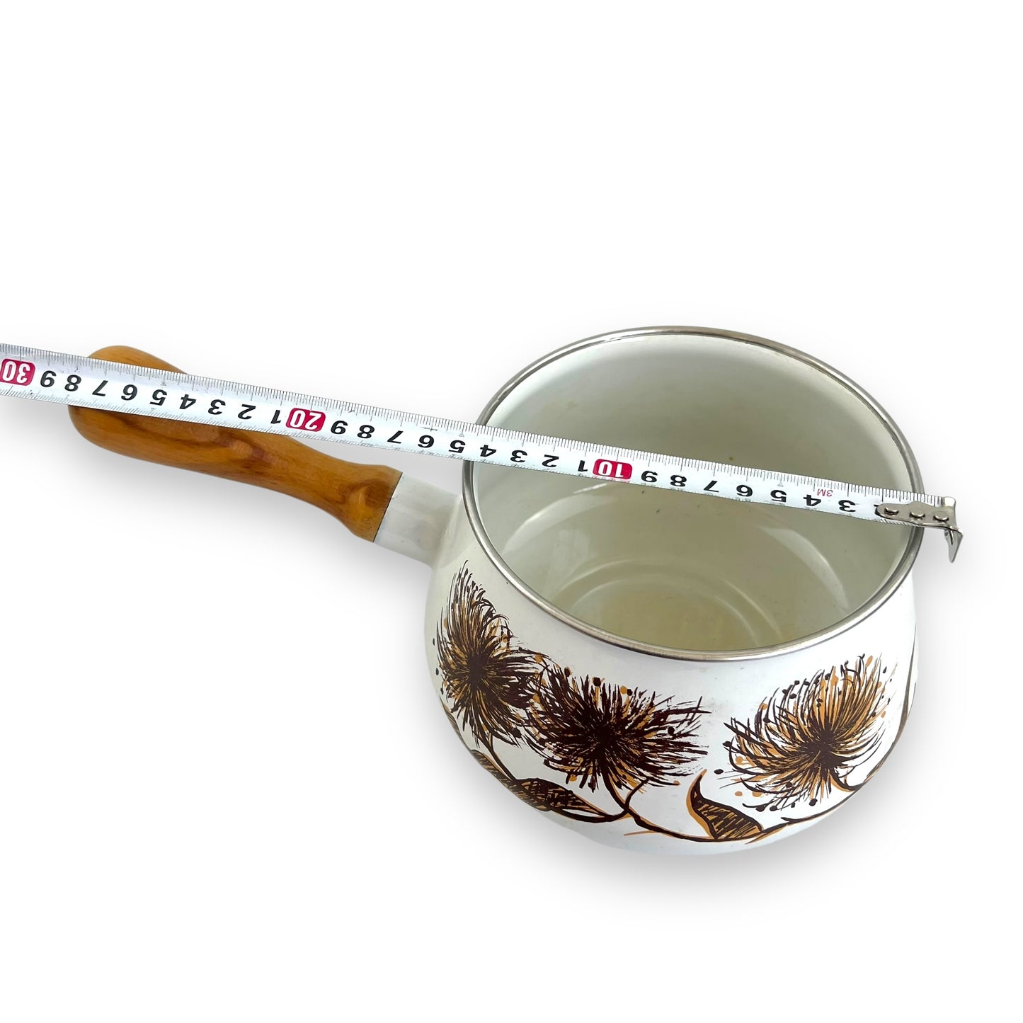 Brown Flower Enamel Fondue Pot with wooden handle