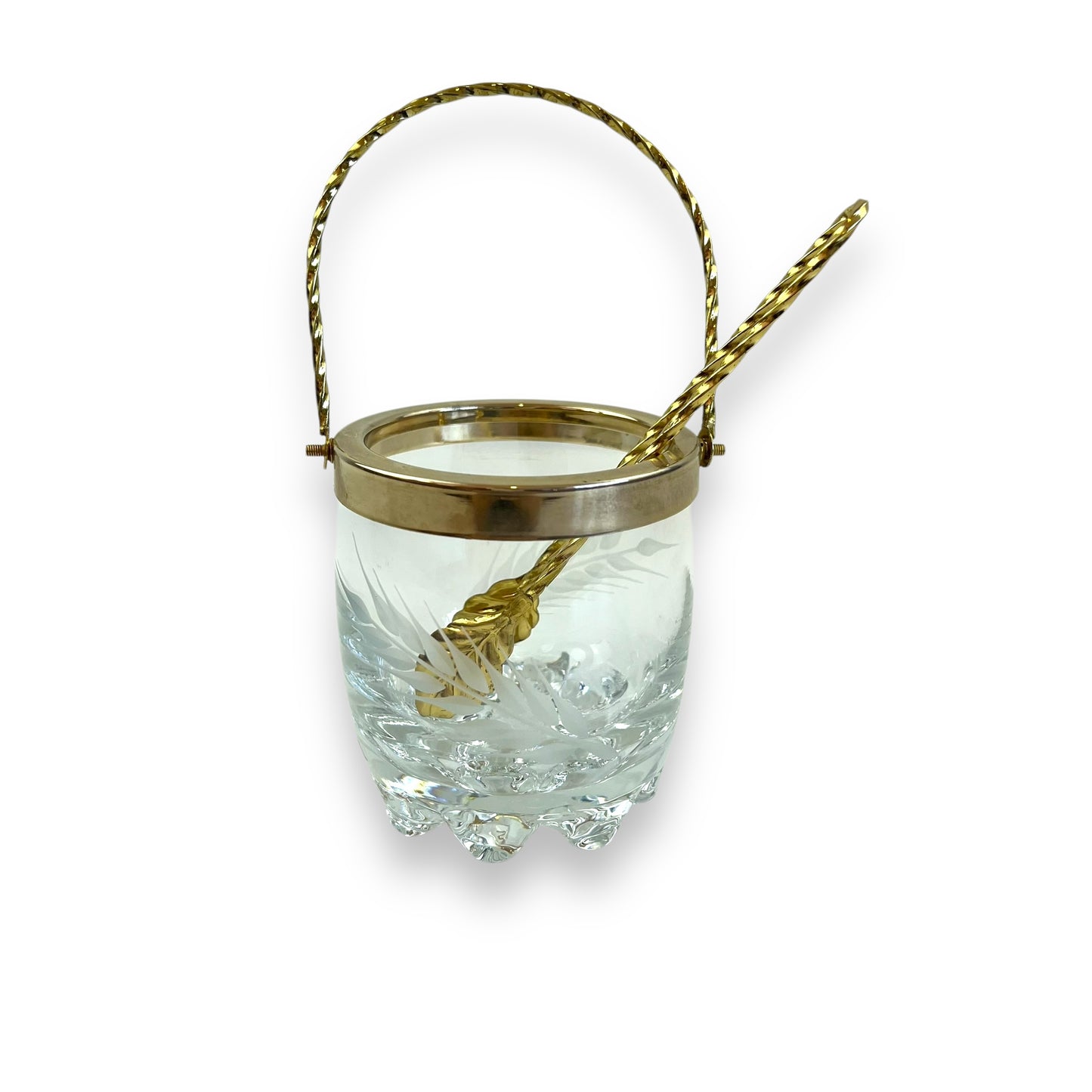 Ice Bucket with Gold Handle & Tongs – Etched Glass Barware