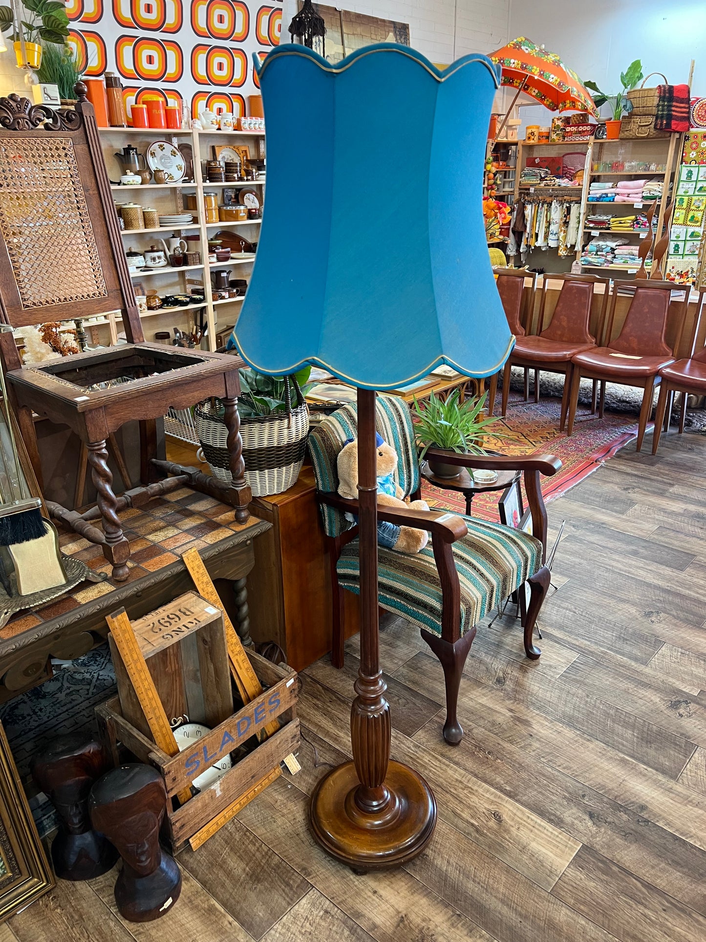 Timber Floor Lamp with Blue Scalloped Shade