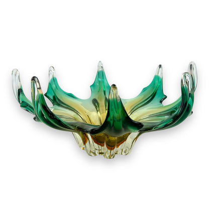 Green and amber yellow large Art Glass bowl