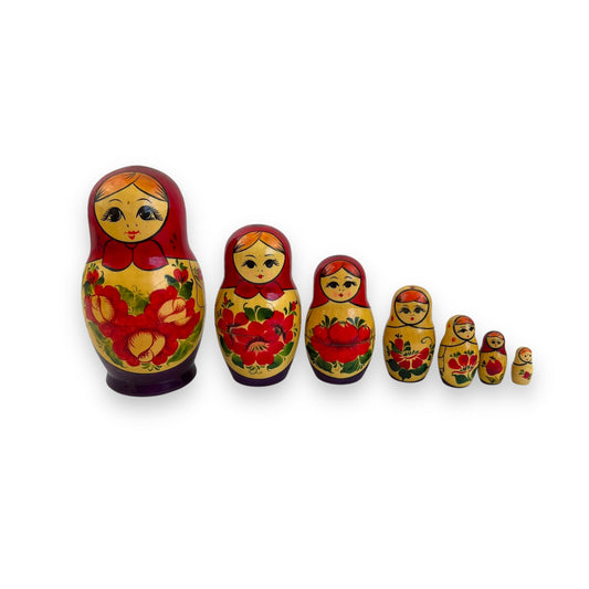 Russian Matryoshka Nesting Dolls Set of 7 - Red and Gold Floral Hand-Painted Design